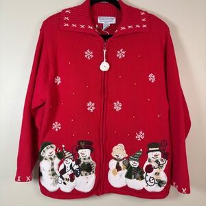 Heirloom Collectibles Womens XL Red Snowman Zipper Novelty Cardigan Holiday Cute